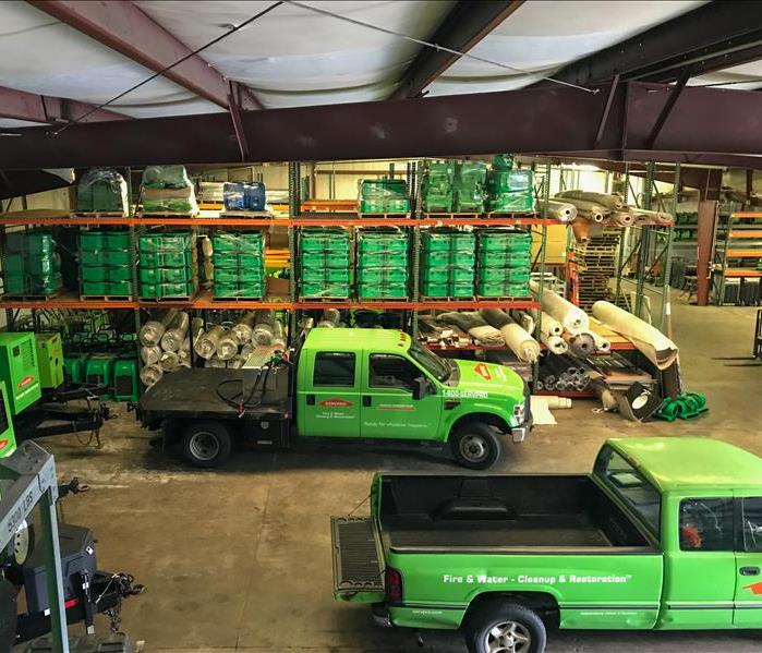 SERVPRO trucks and equipment set up in our Columbia warehouse
