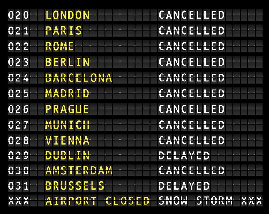 Flight information on an airport showing cancelled flights because of a thunderstorm, vector