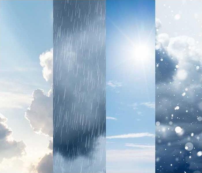 an image with a cloudy, rainy, sunny, and snowy sky