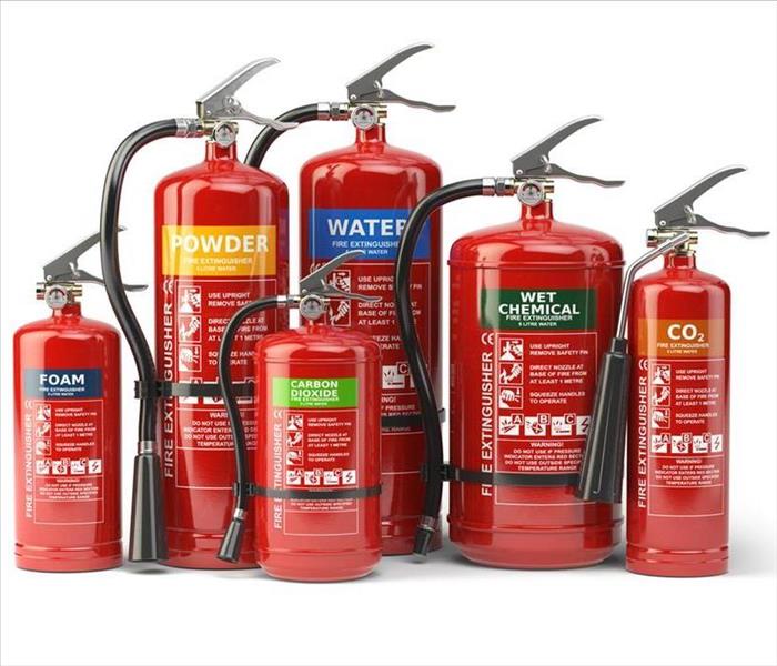 Fire extinguishers isolated on white background. Various types of extinguishers. 3d illustration.